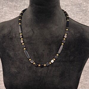 Vintage Trifari Black Geometric Bead Gold Tone Necklace 24 Inch Modernist Clasp